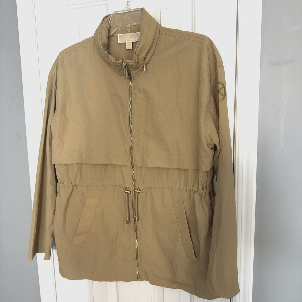 Michael Kors Women's Hooded Packable Khaki Rain Jacket/Coat Size L NEW - Picture 2 of 7
